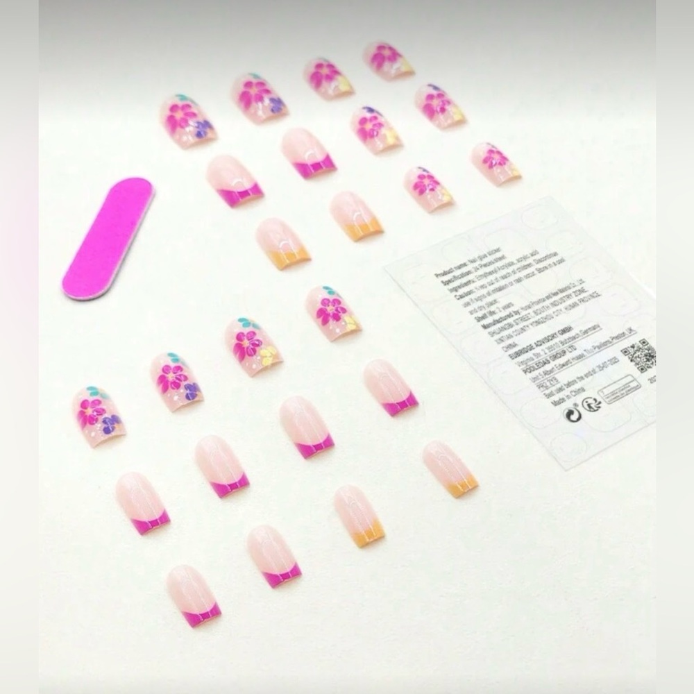 Neon French Tips & Flowers Pink, Yellow, Blue, Orange Squoval Nails, New - Picture 4 of 9